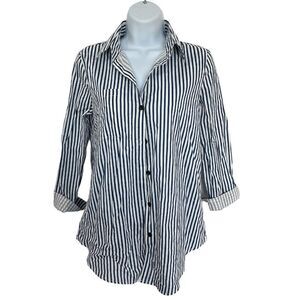 🔥4$/25 Navy & White Striped Button Down Long Sleeve Top Size Small